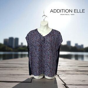 Addition Elle, Floral Mixed-Media Blouse, Plus Size 1X, Navy & Colors